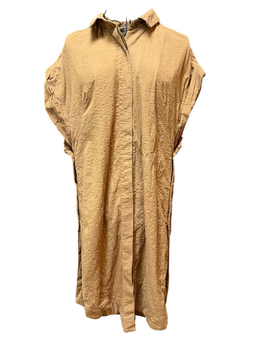 Anthropologie Maeve 100% Cotton Tan Crinkle Textured Midi Shirt Dress boho